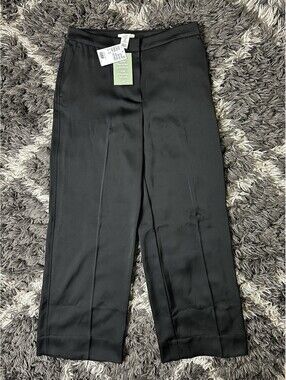 NWT HM Womens Size 8 Black Wide Leg Dress Pants Trouser Satin Crepe High Rise